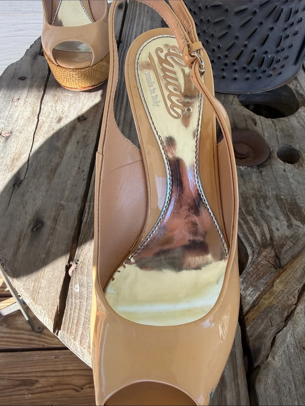 Gucci Beige/Tan Peep-Toe Slingback Wedge Heels
